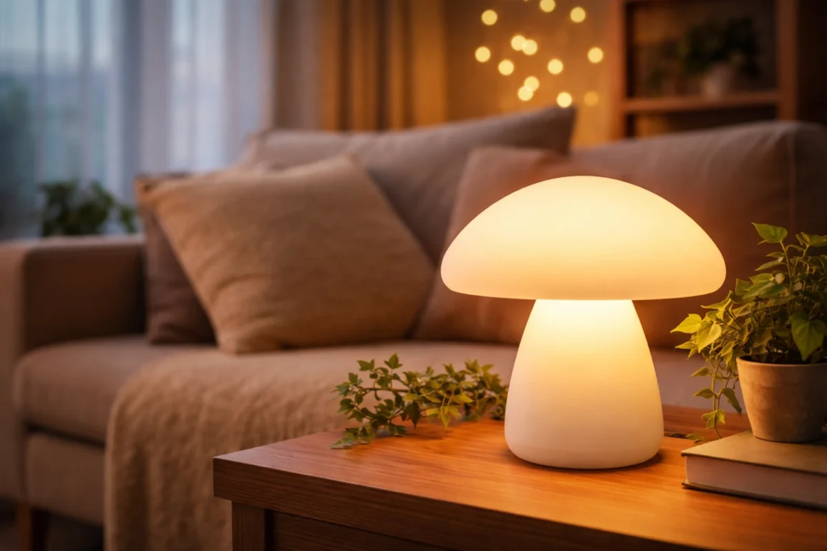 Warm ambient mushroom lamp in a cosy living room showing how mushroom lights are less likely to attract bugs indoors
