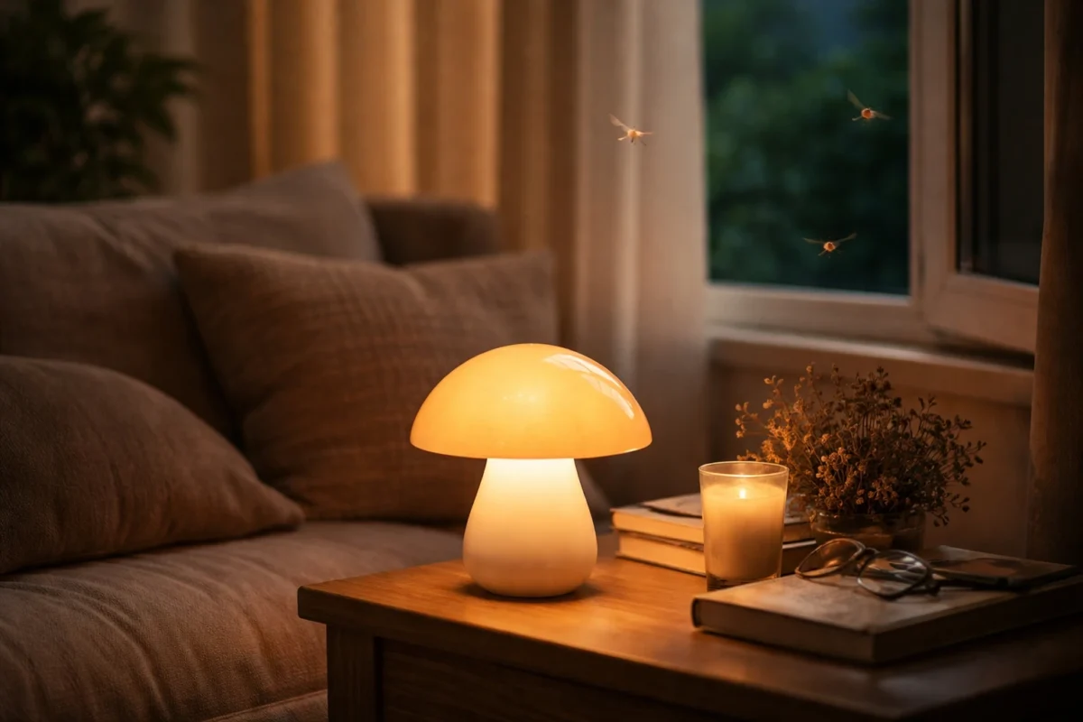 Warm indoor mushroom lamp with soft ambient light near a window to illustrate whether mushroom lights attract bugs