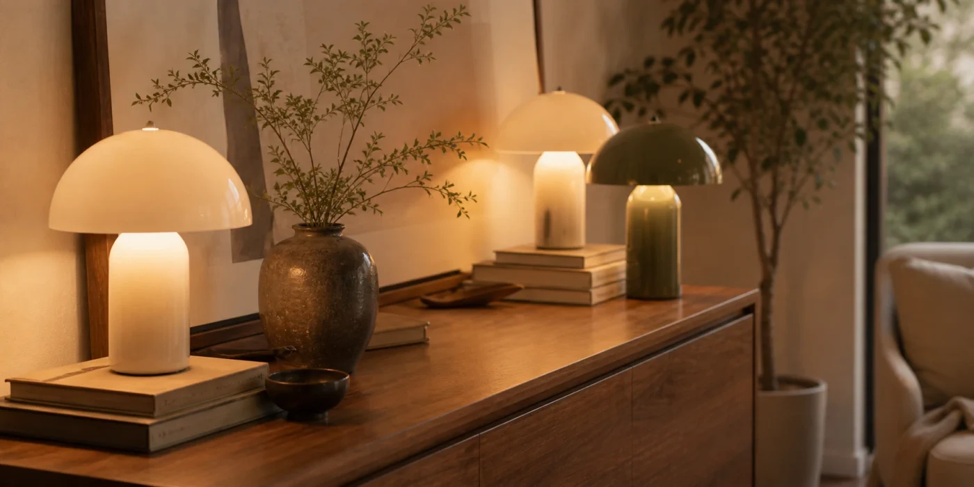Stylish mushroom lamps in a warm modern interior for an article about whether mushroom lamps are trendy