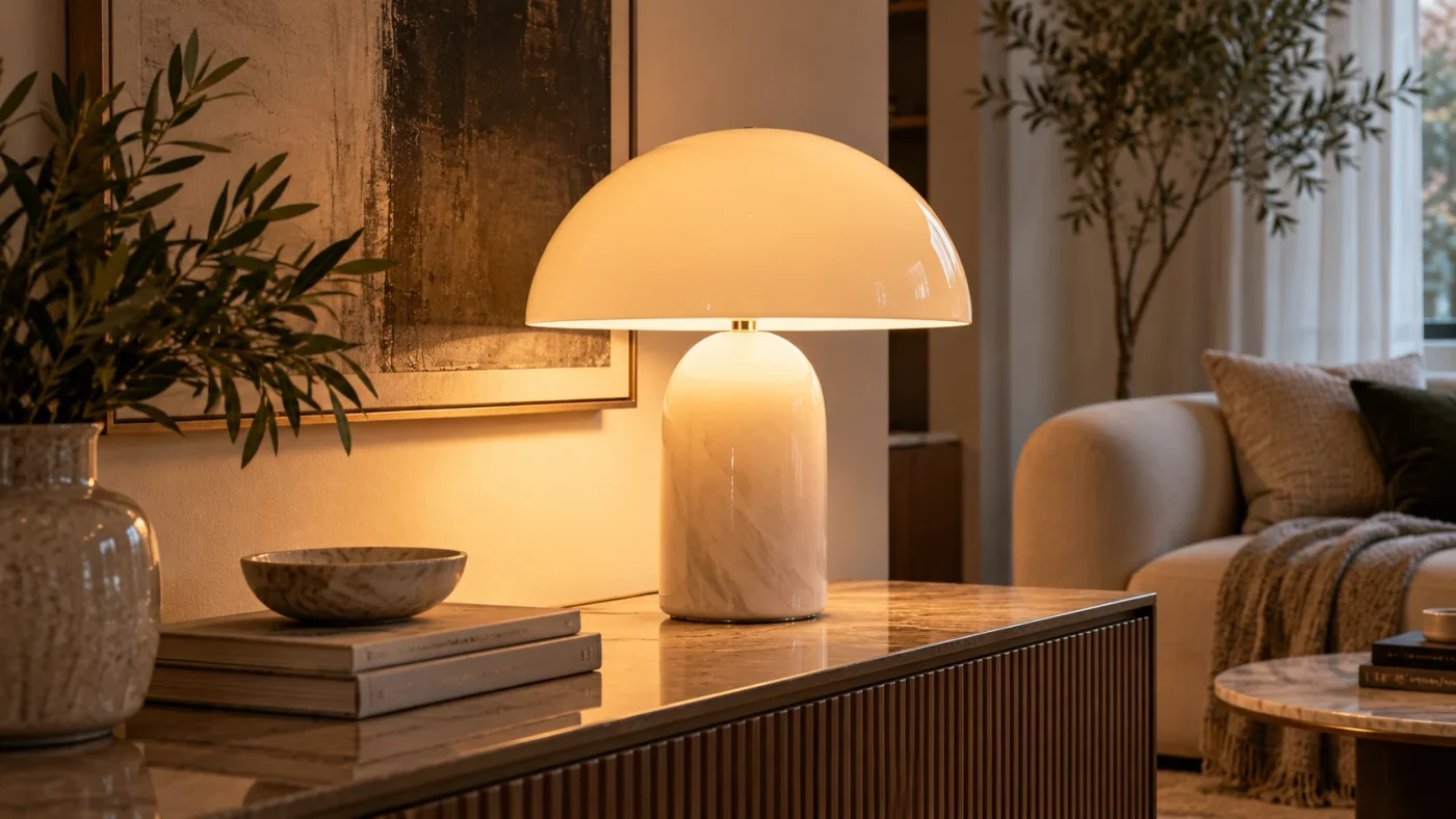 Mid-range mushroom lamp costing £100 to £300 displayed on a stylish living room console table